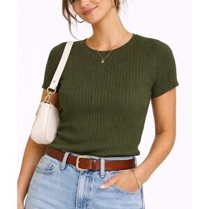 Alexa Chung for AG Wool Ribbed Knit Top XS Green Minimal Quiet Luxury Parisian